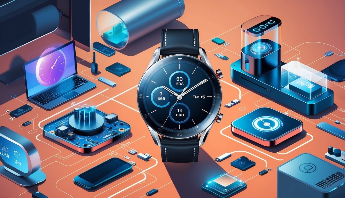 A sleek, modern watch surrounded by various technological components and devices, symbolizing the advanced technology that keeps people on time no matter where they are