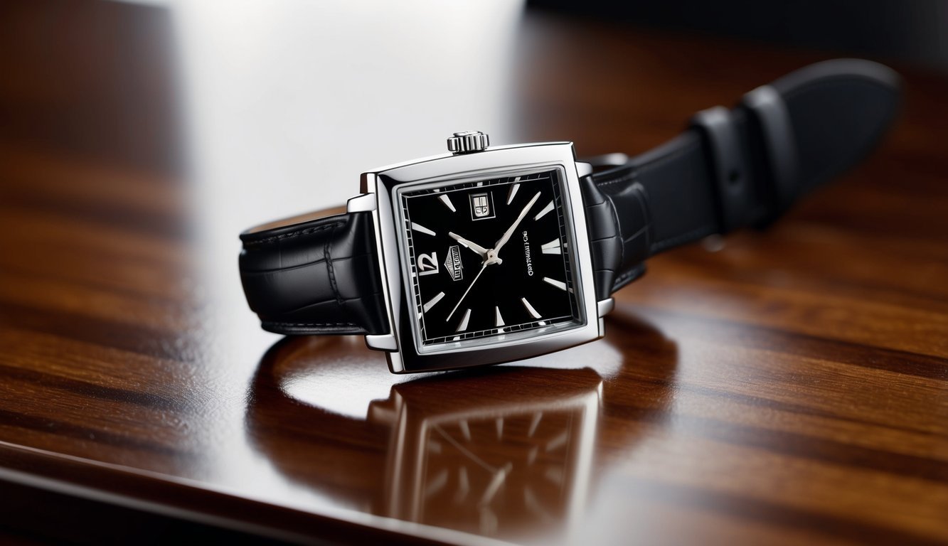 A sleek Tag Heuer Monaco Classic watch resting on a polished wooden surface, with its iconic square case and elegant black dial catching the light