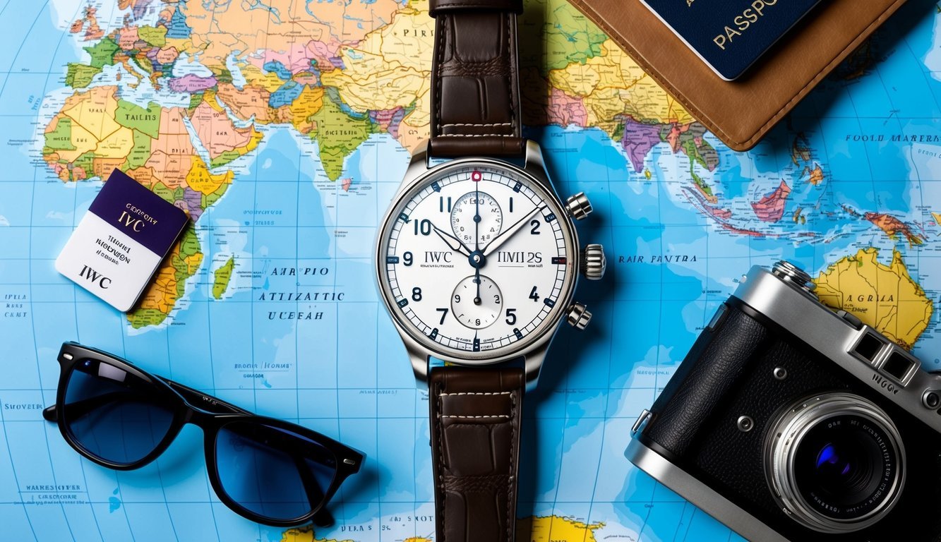 A sleek IWC Pilot's Timezoner Chronograph rests on a world map, surrounded by travel essentials like a passport, sunglasses, and a vintage camera