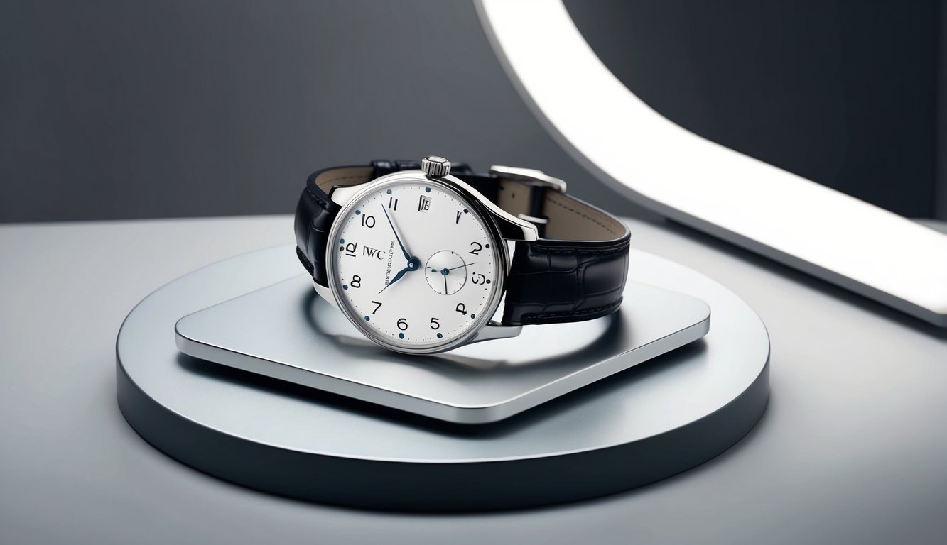 A classic IWC Portugieser watch displayed on a sleek, minimalist surface with a soft, natural light illuminating its elegant design