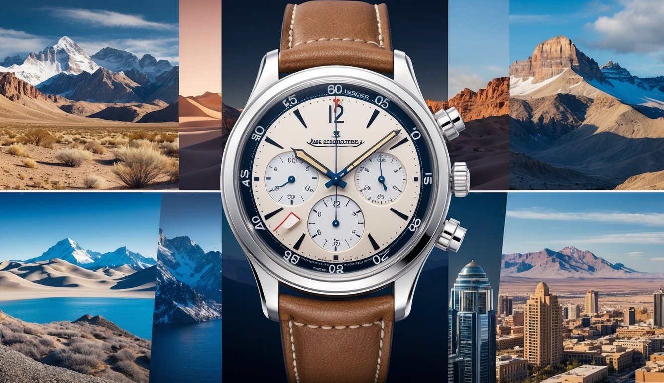 A rugged, vintage-inspired Jaeger-LeCoultre Polaris Chronograph against a backdrop of diverse landscapes from mountains to deserts to urban cityscapes