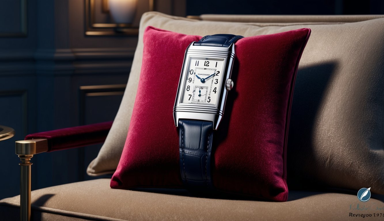 A sleek Jaeger-LeCoultre Reverso Classic watch displayed on a luxurious velvet cushion in a dimly lit, elegant setting