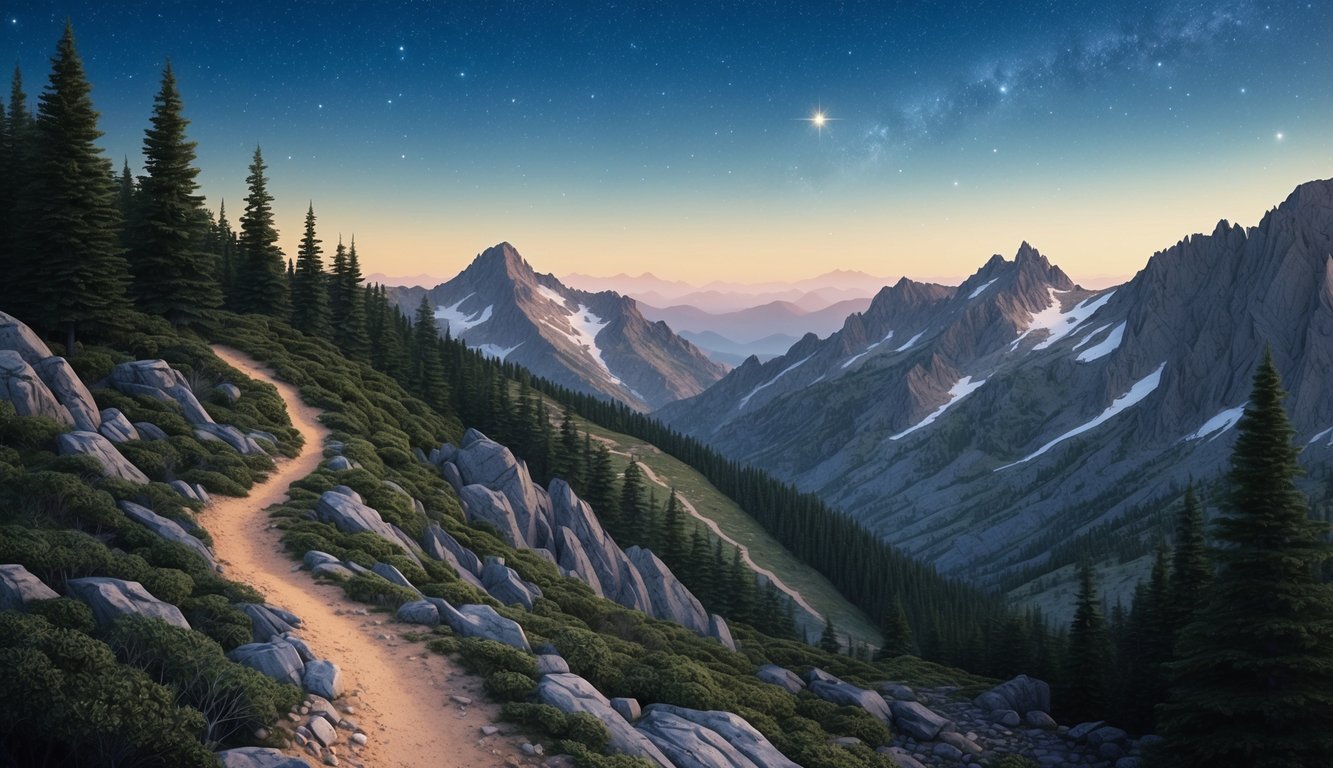 A rugged, mountainous landscape with a winding trail leading into the distance, surrounded by dense forests and a clear, starry sky overhead