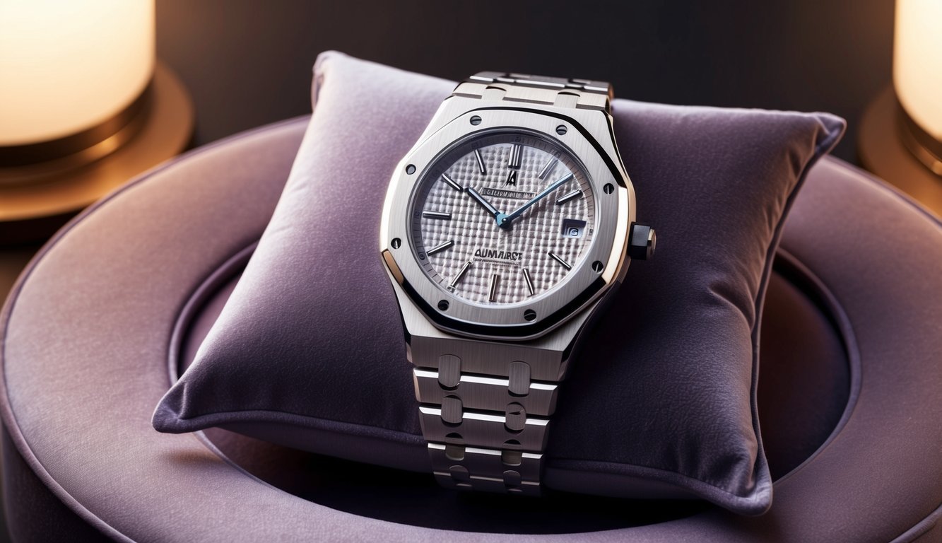 A sleek, stainless steel Audemars Piguet Royal Oak watch rests on a luxurious velvet cushion, surrounded by soft, warm lighting
