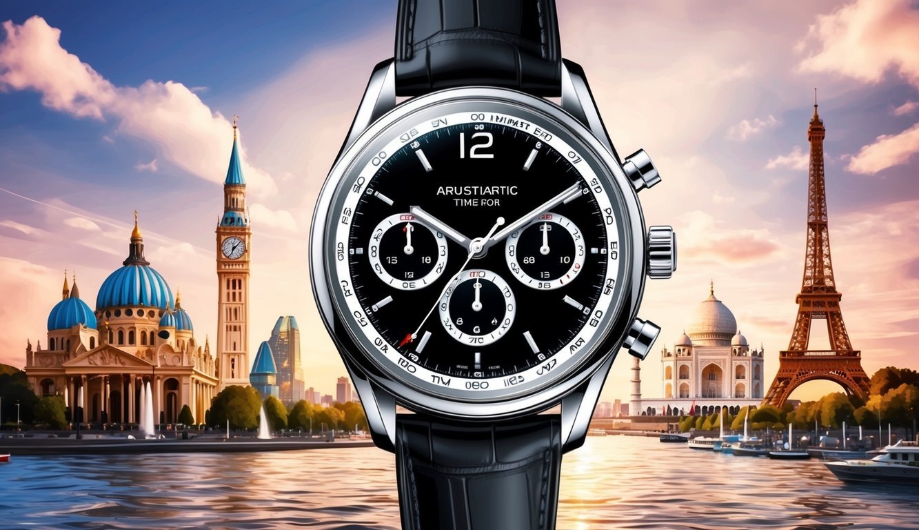 A sleek, modern wristwatch with multiple time zone dials against a backdrop of iconic landmarks from around the world