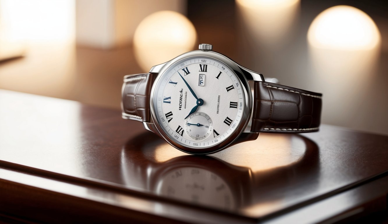 A close-up of a sleek, timeless Longines Master Collection watch resting on a polished wooden surface, surrounded by soft lighting