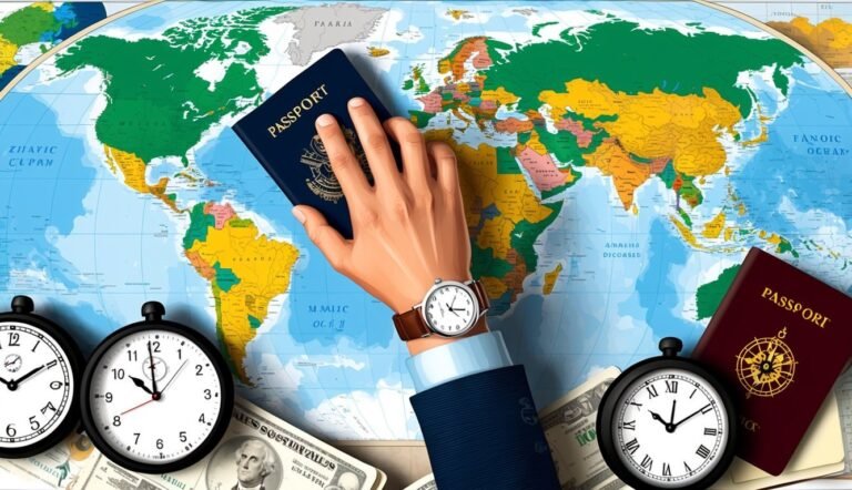 Hand holding passport over world map with clocks and money