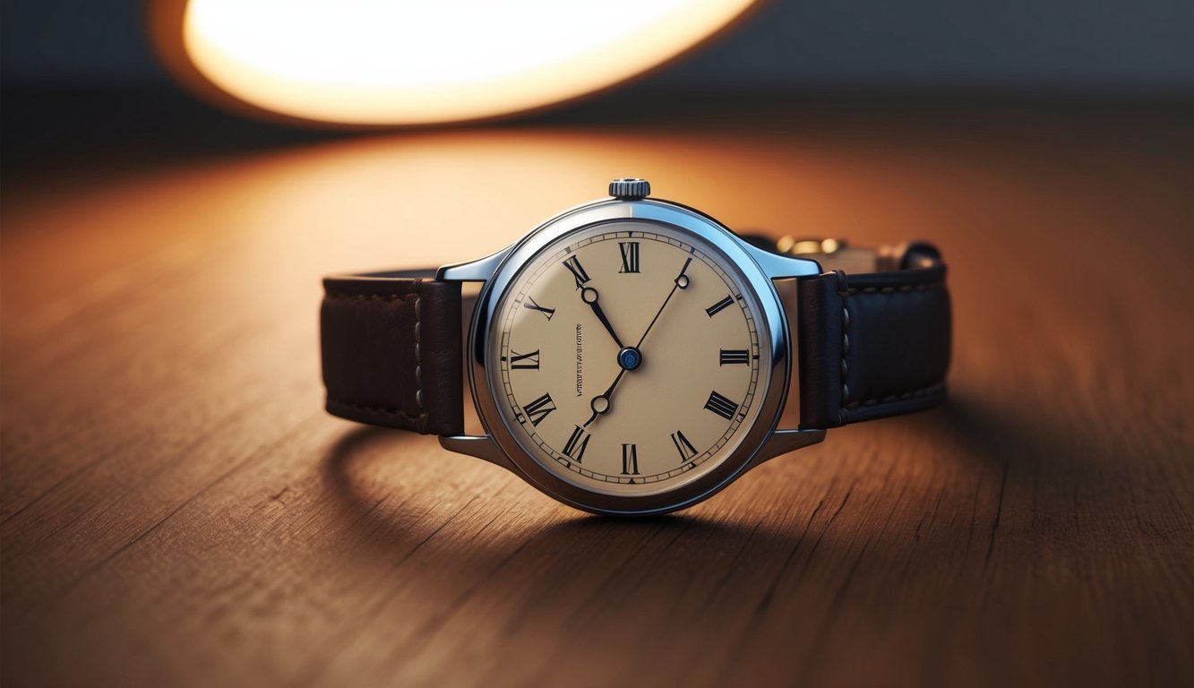 A vintage watch with a leather strap, roman numerals, and a simple, elegant design, resting on a wooden surface with a soft, warm light illuminating it from above