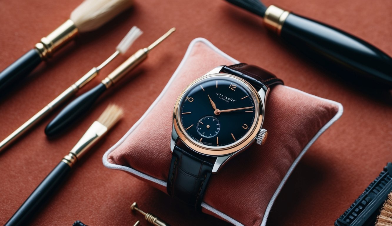 A classic watch placed on a soft velvet cushion, surrounded by tiny tools and a delicate brush for maintenance