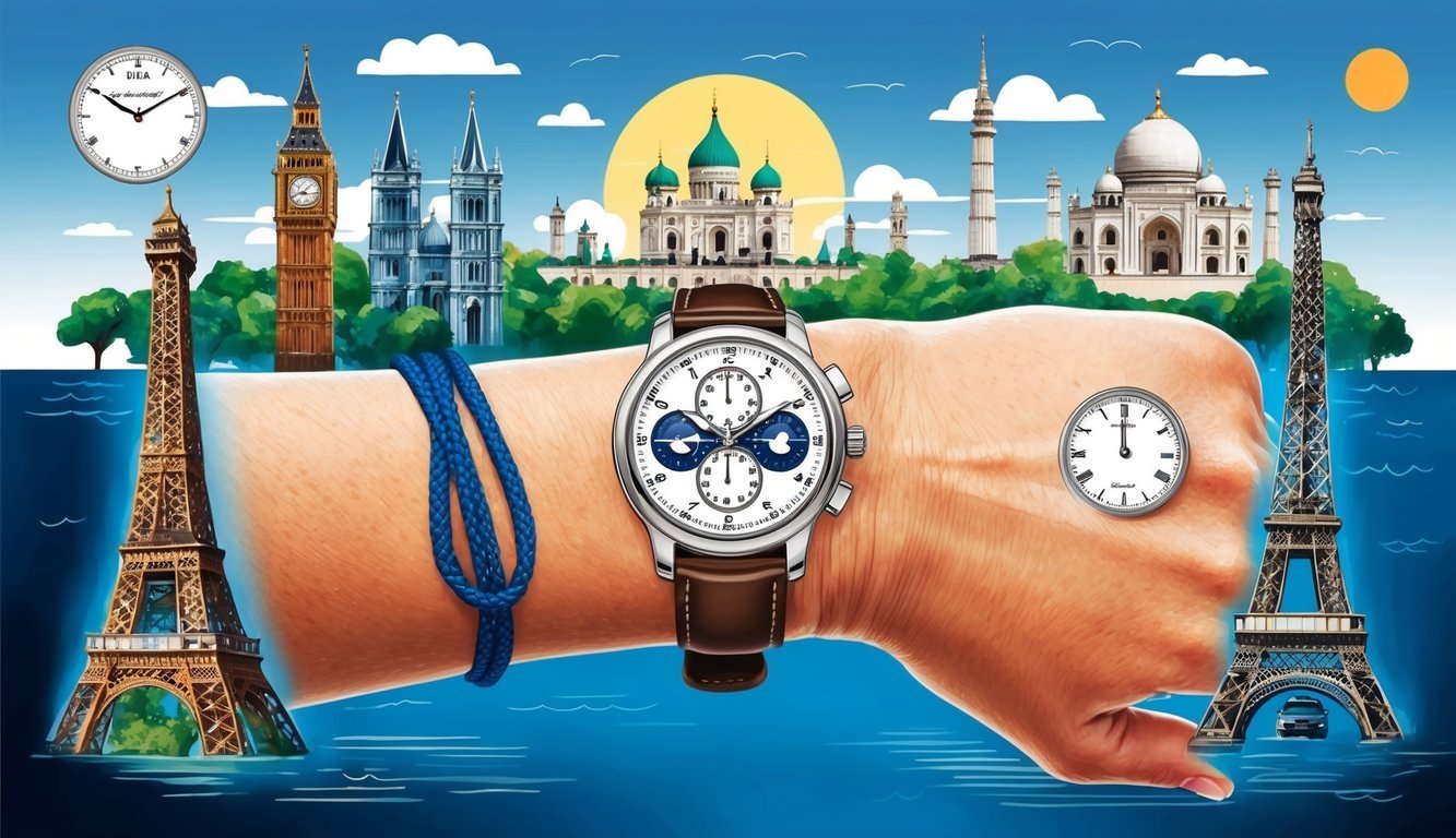 A traveler's wrist with a dual time zone watch, surrounded by iconic landmarks from different time zones