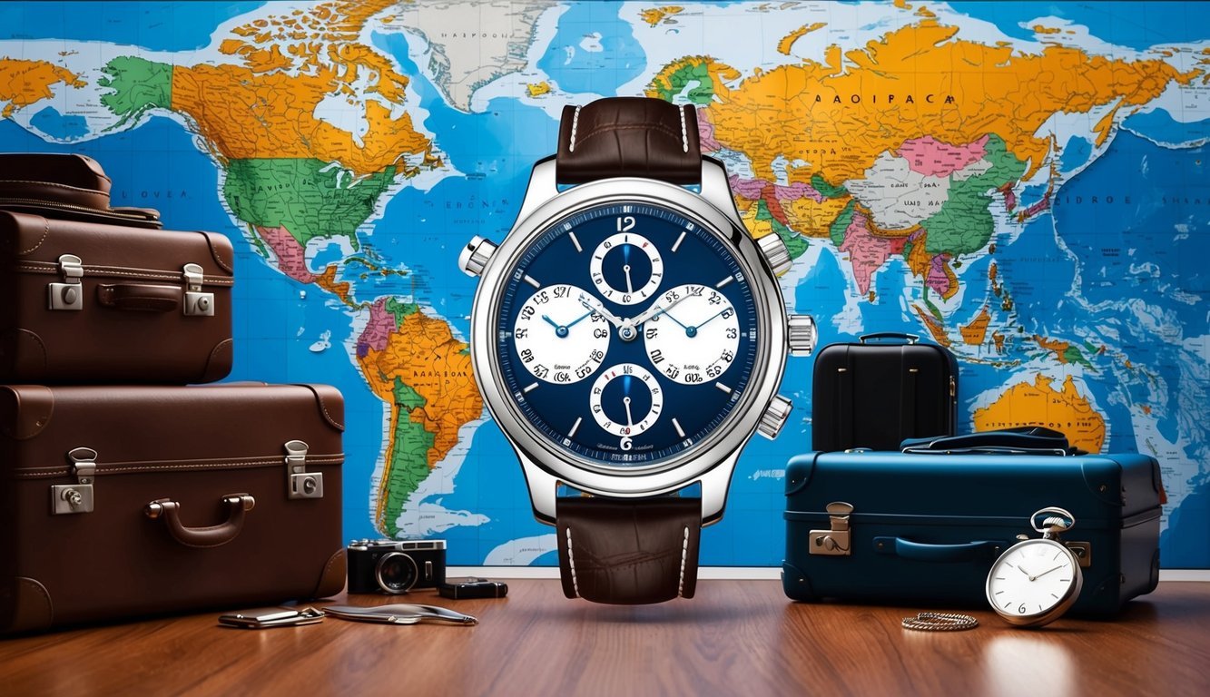 A wristwatch with dual time zone display against a backdrop of a world map, with luggage and travel accessories scattered around
