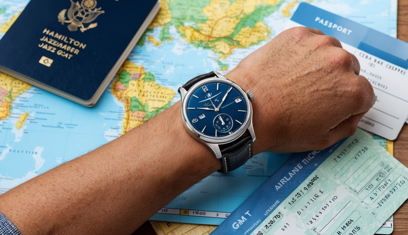 A traveler's wrist wearing a Hamilton Jazzmaster GMT watch with two time zones displayed, surrounded by a map, passport, and airplane tickets