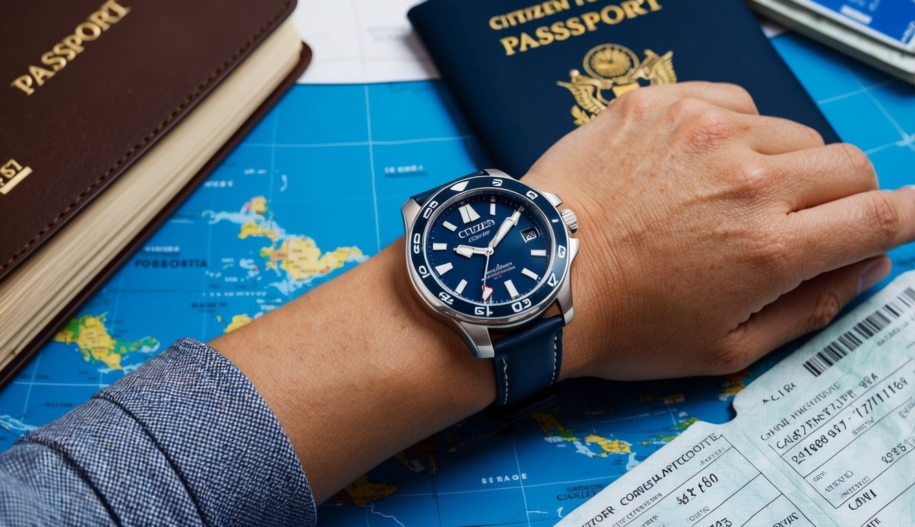 A traveler's wrist with a Citizen Eco-Drive Promaster GMT watch, surrounded by a map, passport, and plane tickets