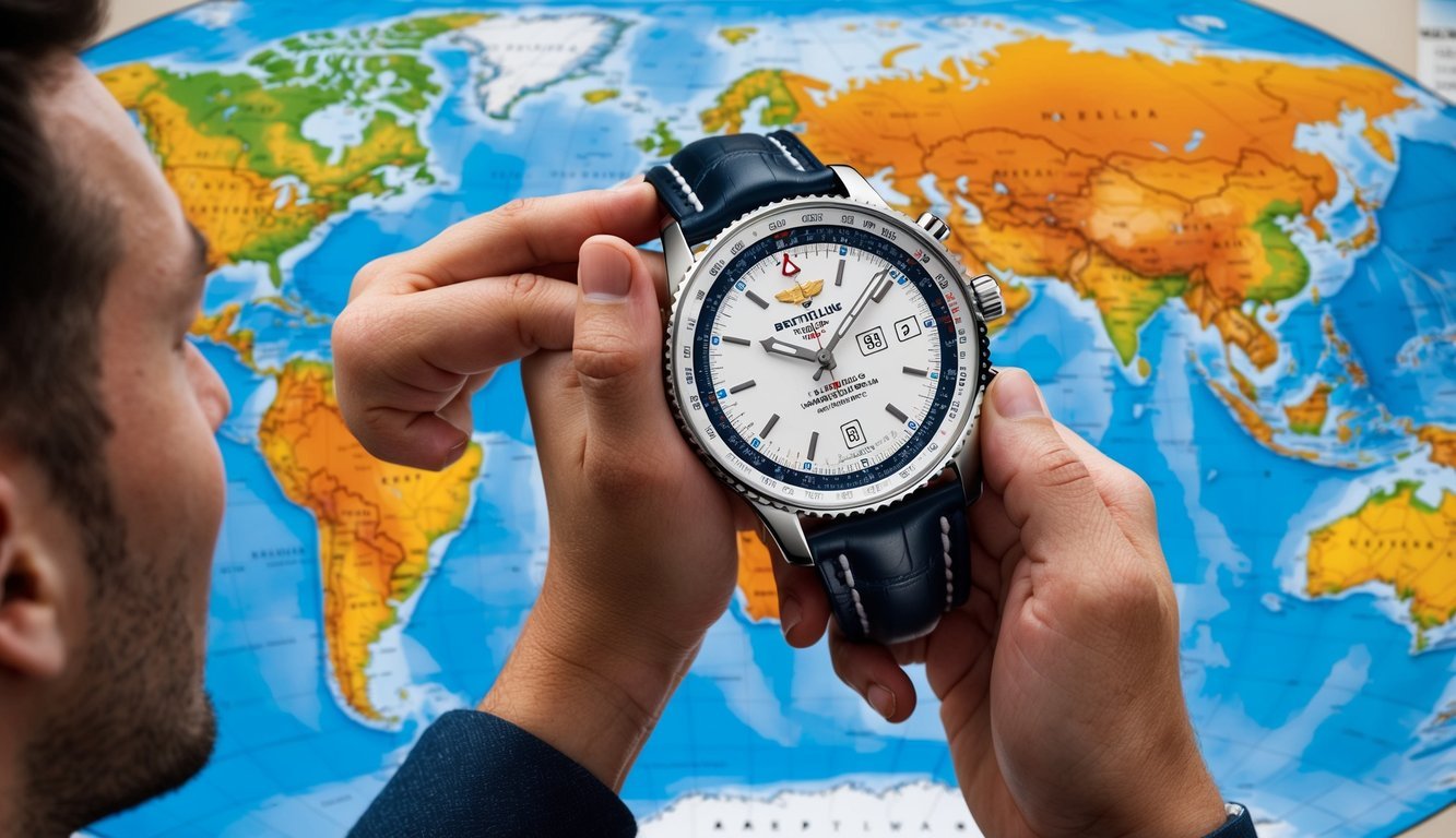 A traveler's hand adjusting a Breitling Navitimer World watch while looking at a world map
