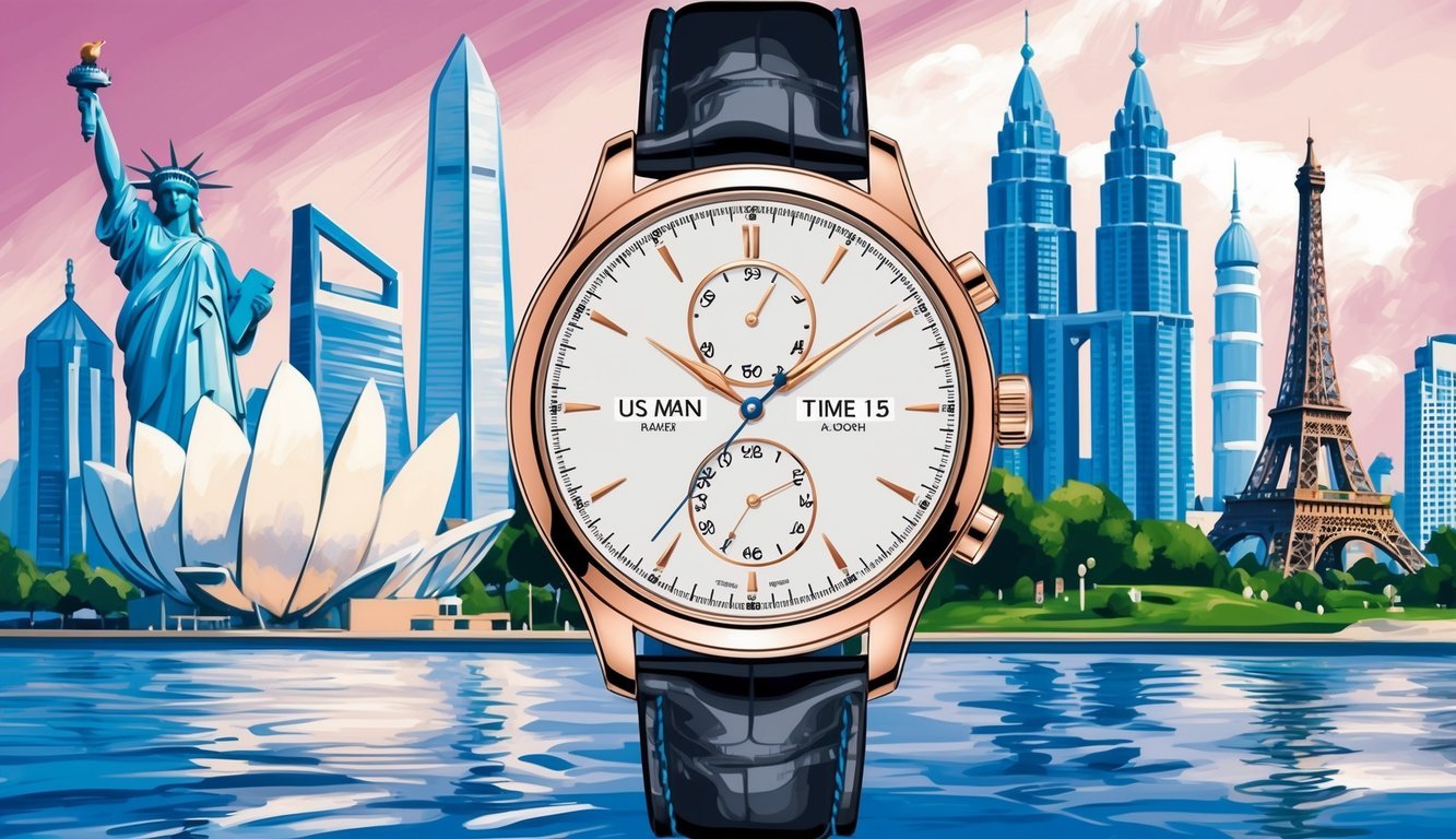 A wristwatch with a dual time zone feature displayed against a backdrop of iconic global landmarks