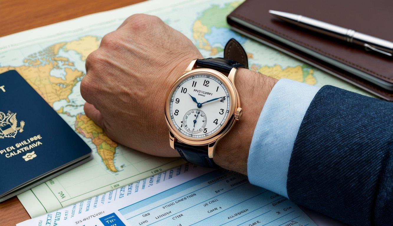 A traveler's wrist with a Patek Philippe Calatrava Pilot Travel Time watch, with a map, passport, and airplane ticket on a table