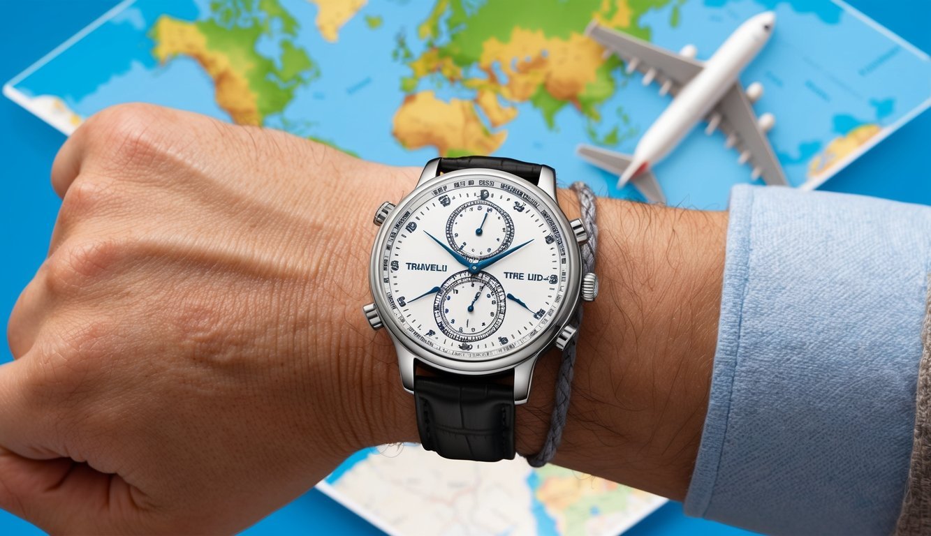 A traveler's wrist with a dual time zone watch, with a map and airplane in the background, representing the convenience and practicality of the watch for frequent travelers