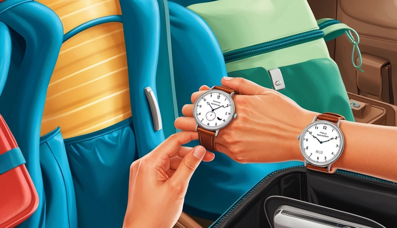 A traveler comparing two time zones on a watch while packing for a trip
