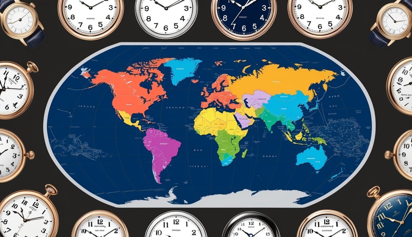 World map with colorful continents surrounded by various clocks