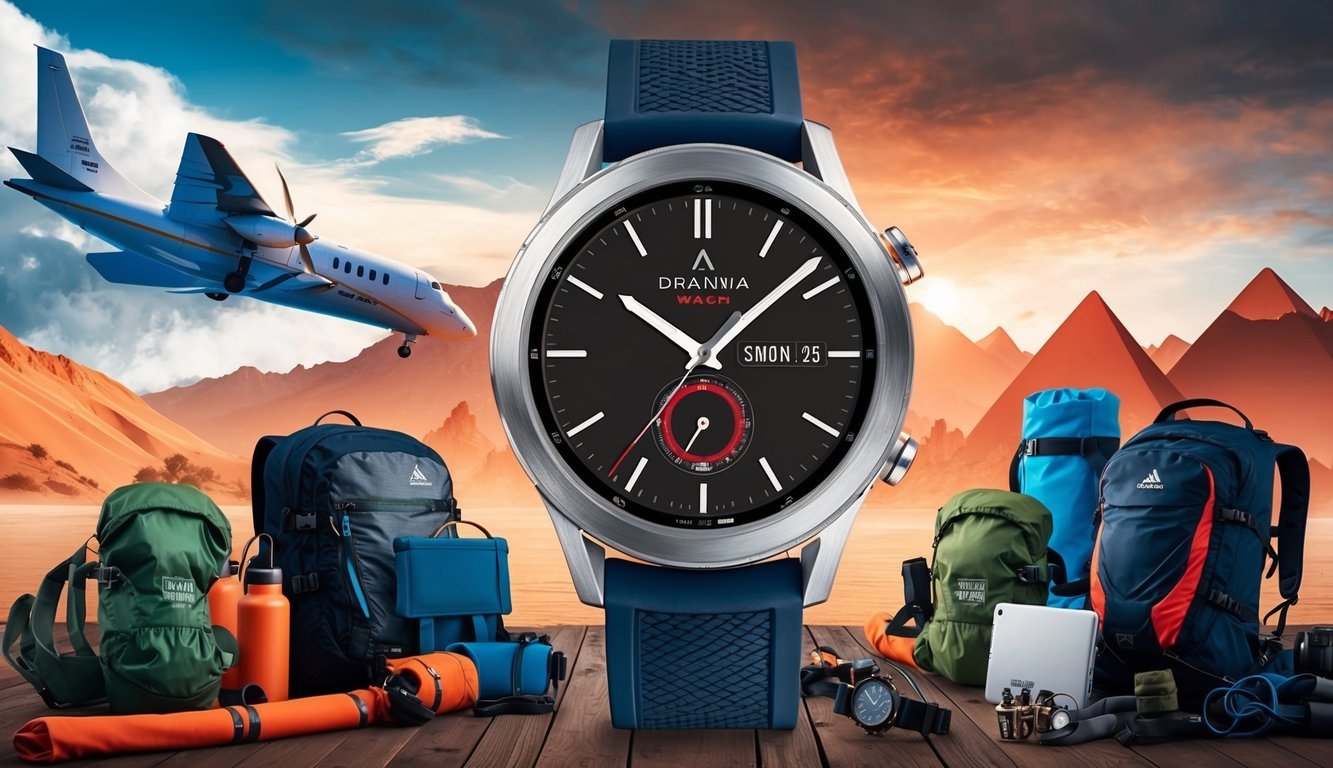 A sleek, modern watch displayed against a backdrop of exotic travel destinations and adventure gear