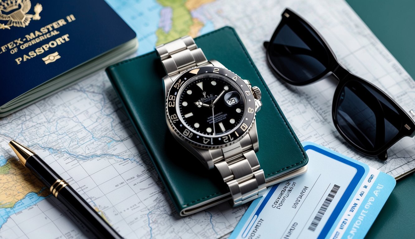 A sleek Rolex GMT-Master II watch resting on a passport, surrounded by travel essentials like a map, sunglasses, and a boarding pass