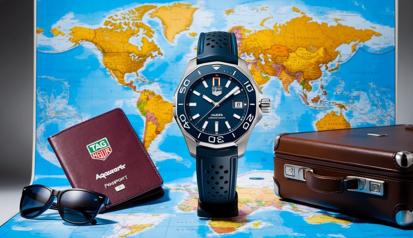 A Tag Heuer Aquaracer watch displayed against a backdrop of a world map, surrounded by travel essentials such as a passport, sunglasses, and a suitcase