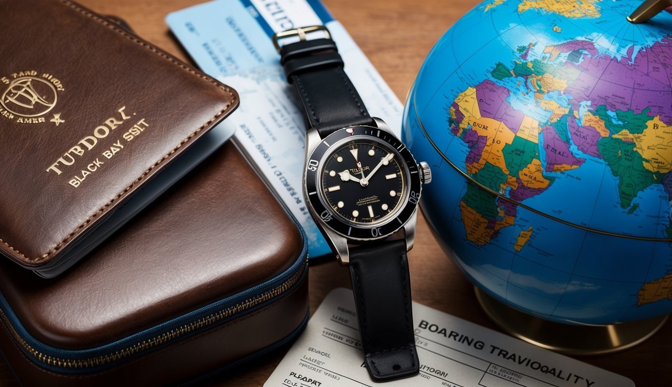 A Tudor Black Bay GMT watch rests on a leather travel case, surrounded by a passport, boarding pass, and a globe, evoking luxury and functionality