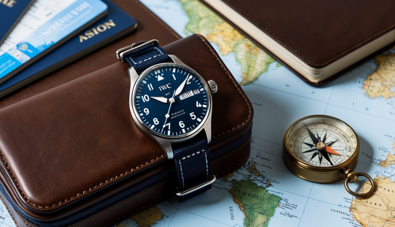 A sleek IWC Pilot's Watch sits on a leather travel case, surrounded by maps, passports, and a vintage compass