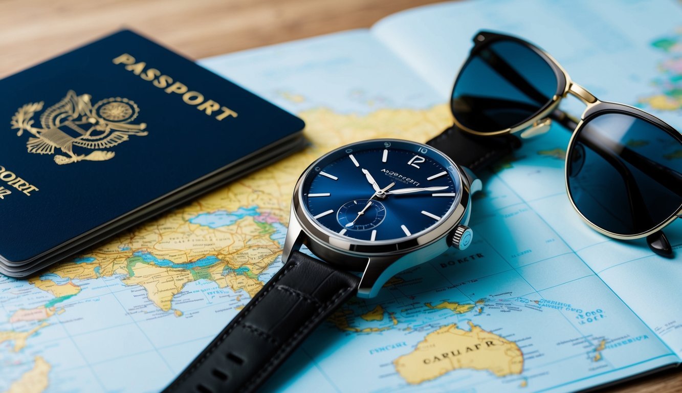 A sleek, modern watch resting on a map with a passport and sunglasses nearby.</p><p>The watch is stylish and sophisticated, with a clear focus on travel and adventure