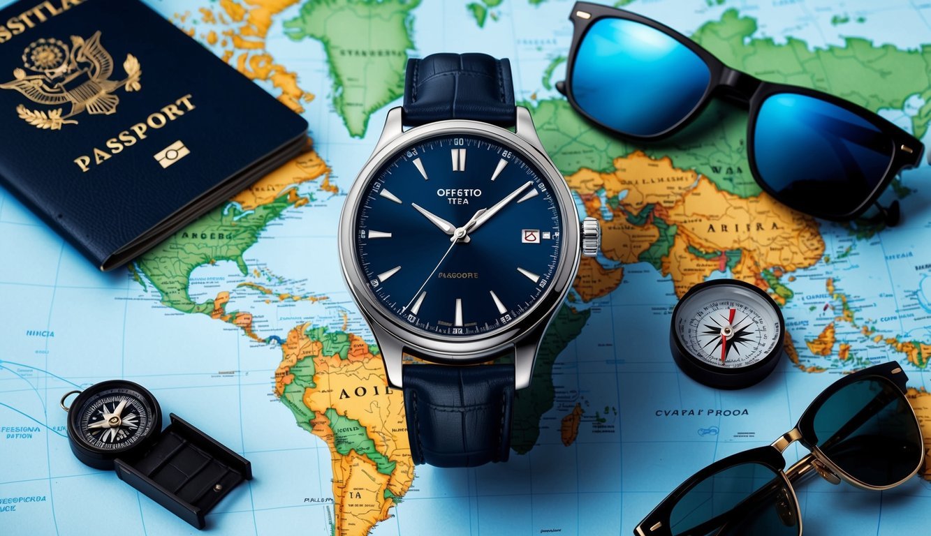 A sleek, stylish watch on a backdrop of a world map, surrounded by travel essentials like a passport, sunglasses, and a compass