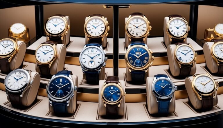 Display of luxury watches with gold and blue accents in a case