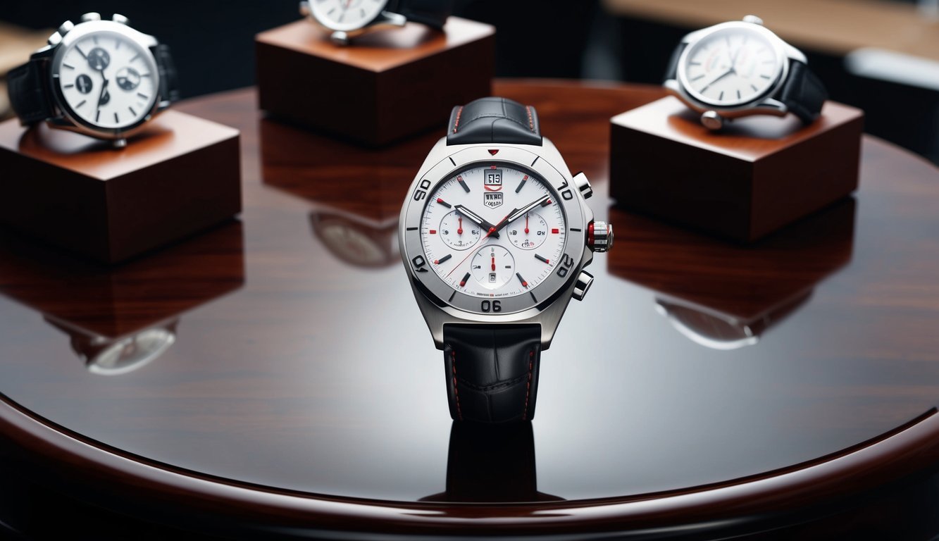 A sleek Tag Heuer Monaco luxury watch displayed on a polished wooden surface, surrounded by other high-end timepieces
