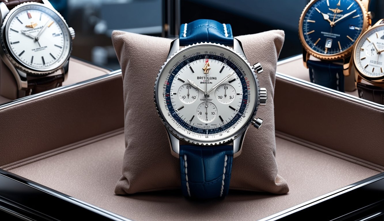 A luxurious Breitling Navitimer watch displayed on a velvet cushion in a glass case, surrounded by other high-end timepieces