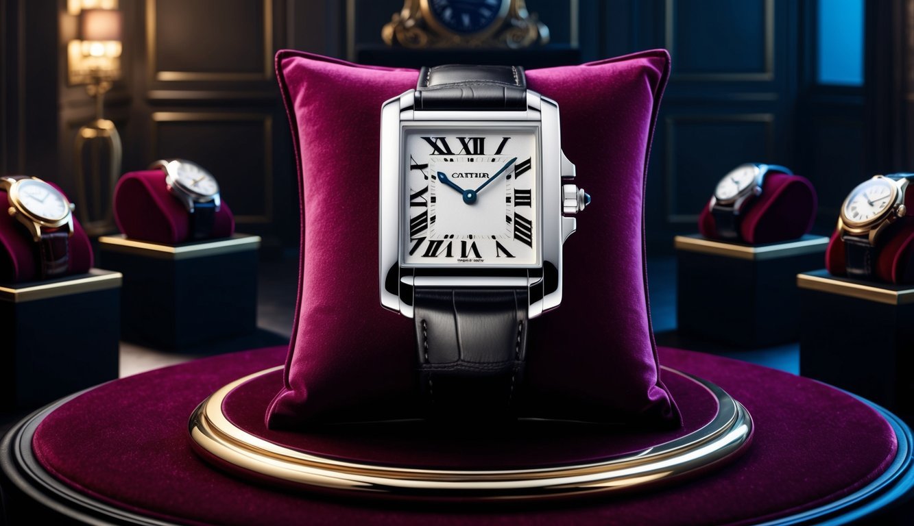 A sleek Cartier Tank luxury watch displayed on a velvet cushion in a dimly lit room, surrounded by other opulent timepieces