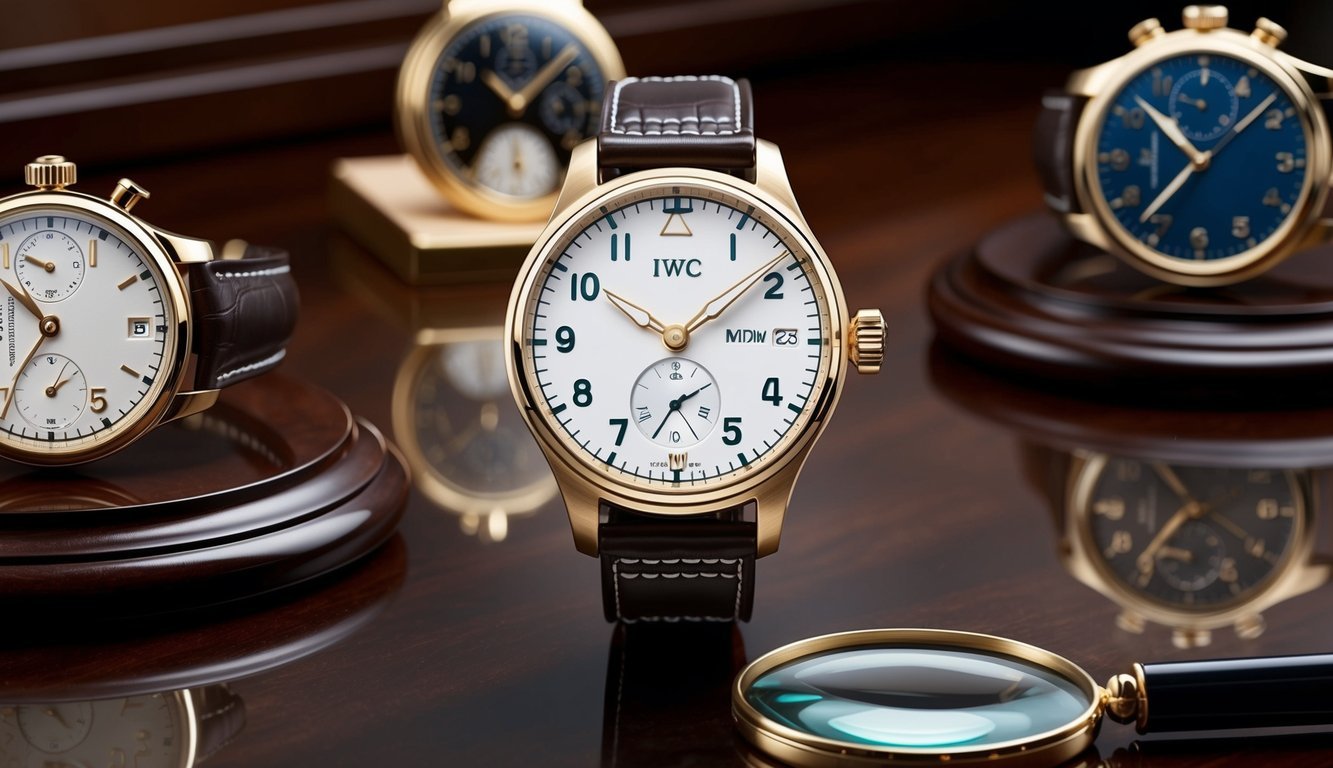 A luxurious IWC Pilot's Watch displayed on a polished wooden surface, surrounded by other exquisite timepieces and a magnifying glass