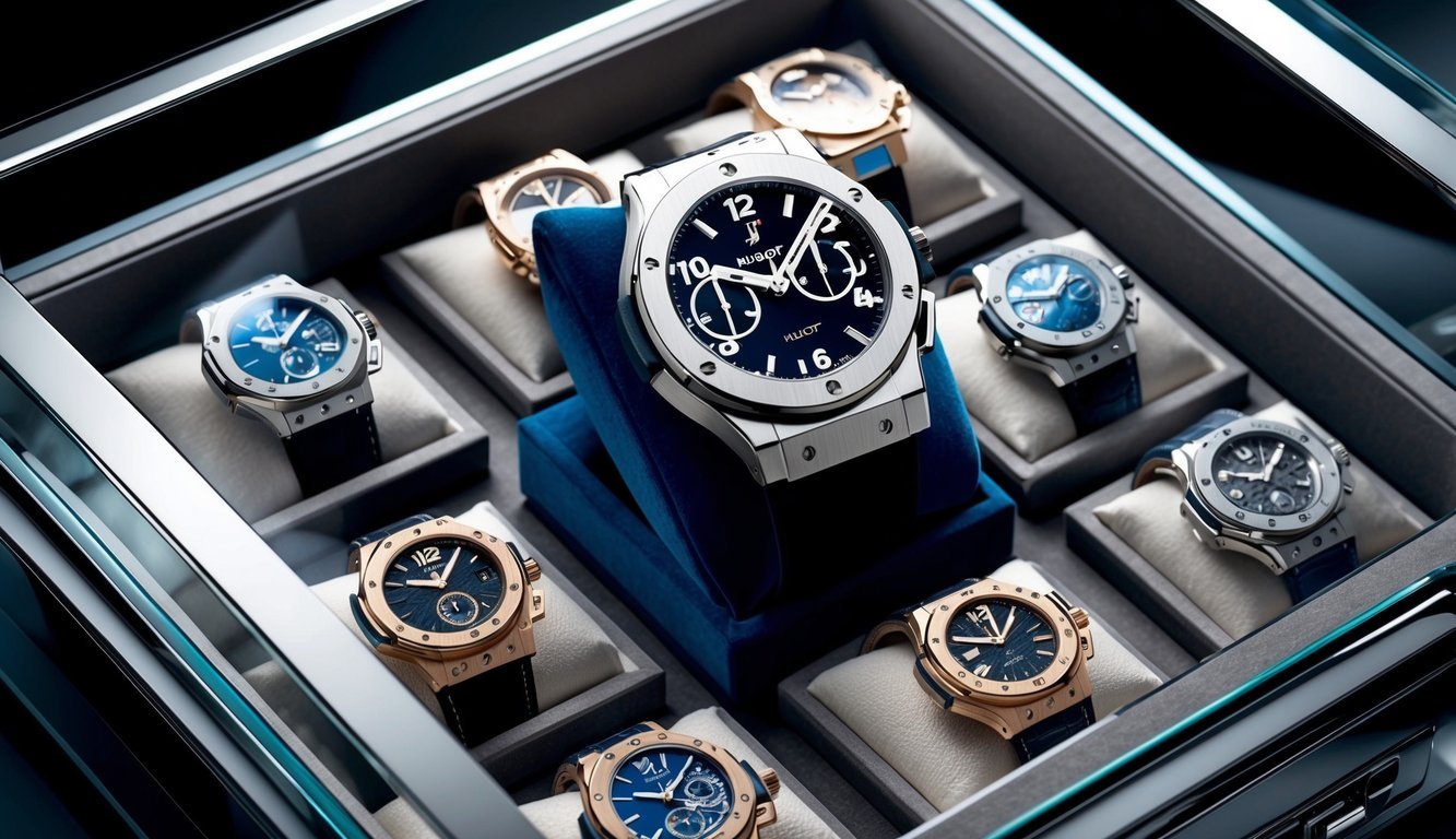 A luxurious Hublot Big Bang watch displayed on a velvet cushion surrounded by other high-end timepieces in a sleek, modern watch collector's display case