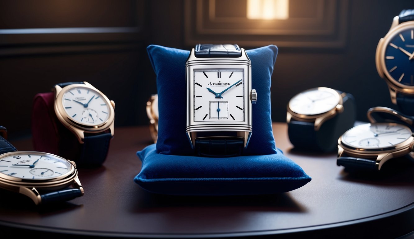 A luxurious Jaeger-LeCoultre Reverso watch displayed on a velvet cushion in a dimly lit room, surrounded by other high-end timepieces