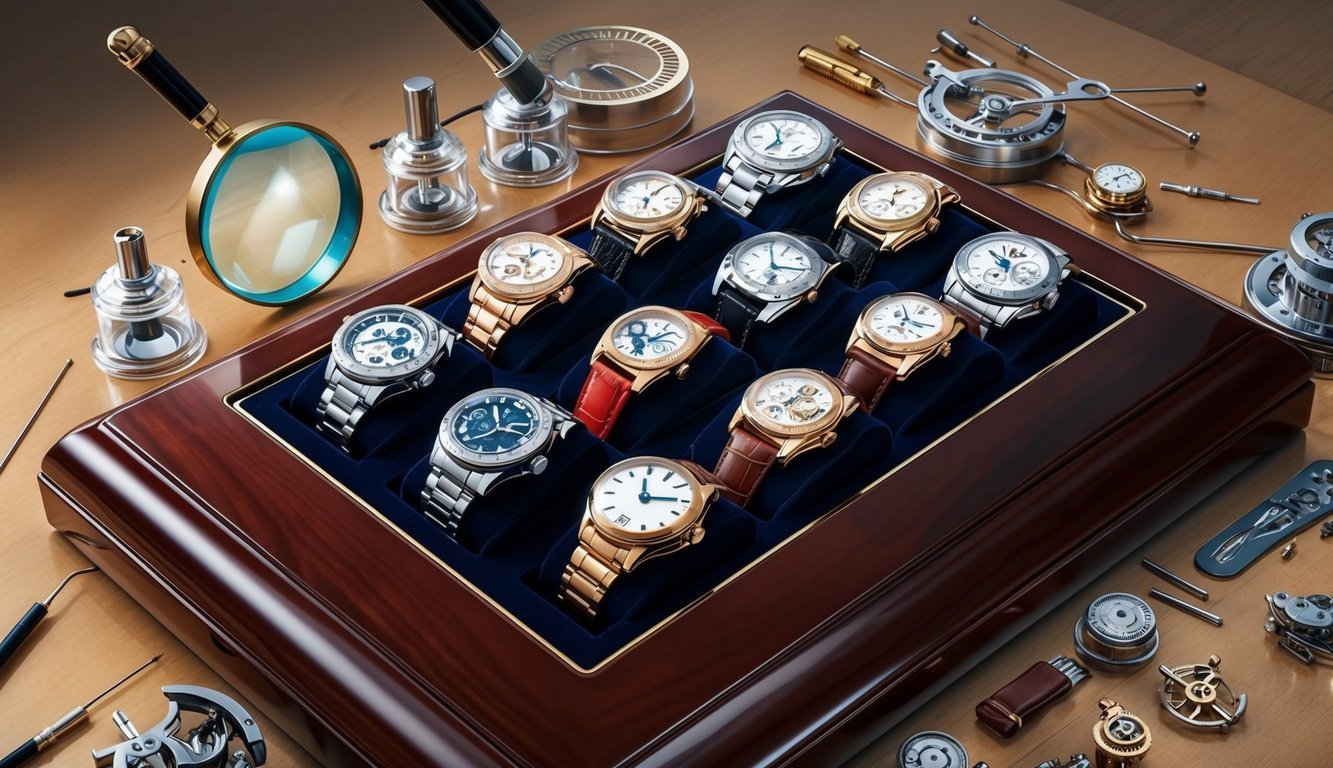 A luxurious watch collection displayed on a polished wooden surface, surrounded by magnifying glasses, tiny tools, and intricate mechanical watch parts