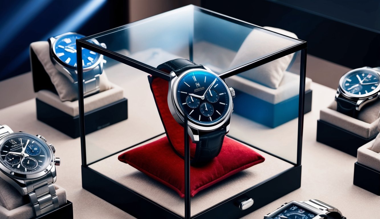 A sleek and modern luxury watch displayed on a velvet cushion in a glass case, surrounded by other high-end timepieces