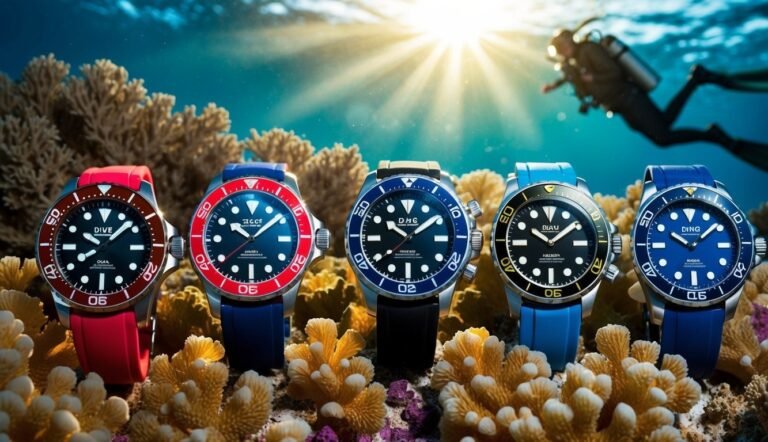 Five dive watches on coral reef with a diver in the background