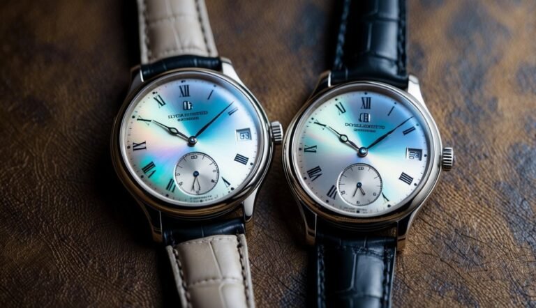 Two luxury watches with iridescent faces and leather straps on a brown surface