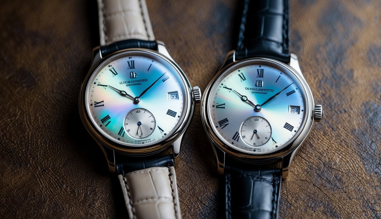 Two luxury watches with iridescent faces and leather straps on a brown surface