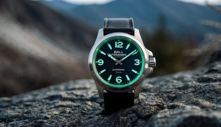 Close-up of a glowing Ball Fireman watch on a rocky surface