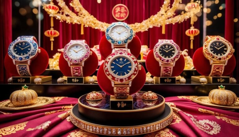 Luxurious jeweled watches on display with red and gold Chinese decorations