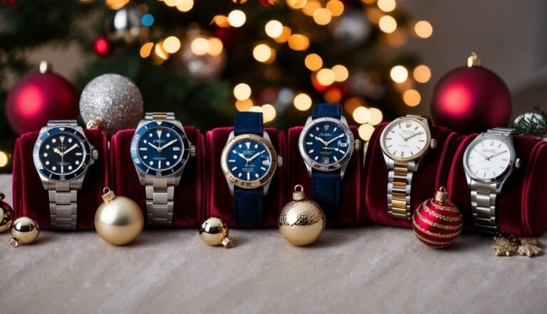 Seven watches displayed on a red velvet stand with Christmas ornaments