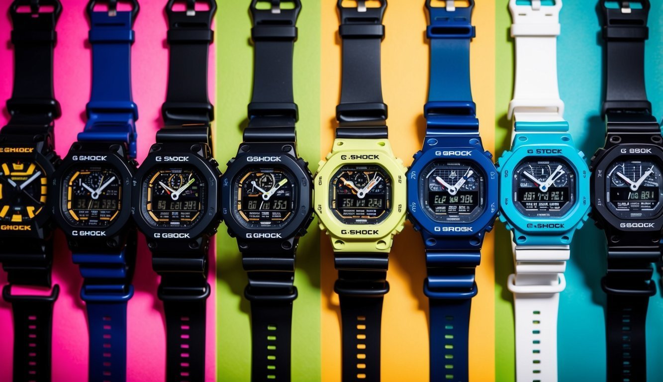 Collection of colorful G-Shock watches with black straps, displayed on a vibrant background