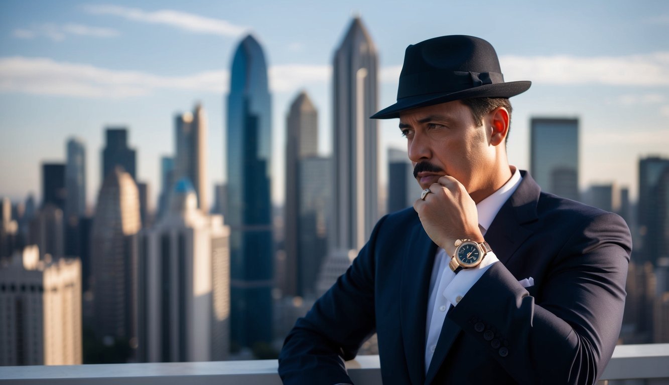 Man in suit and hat, looking at city skyline, wearing a gold watch