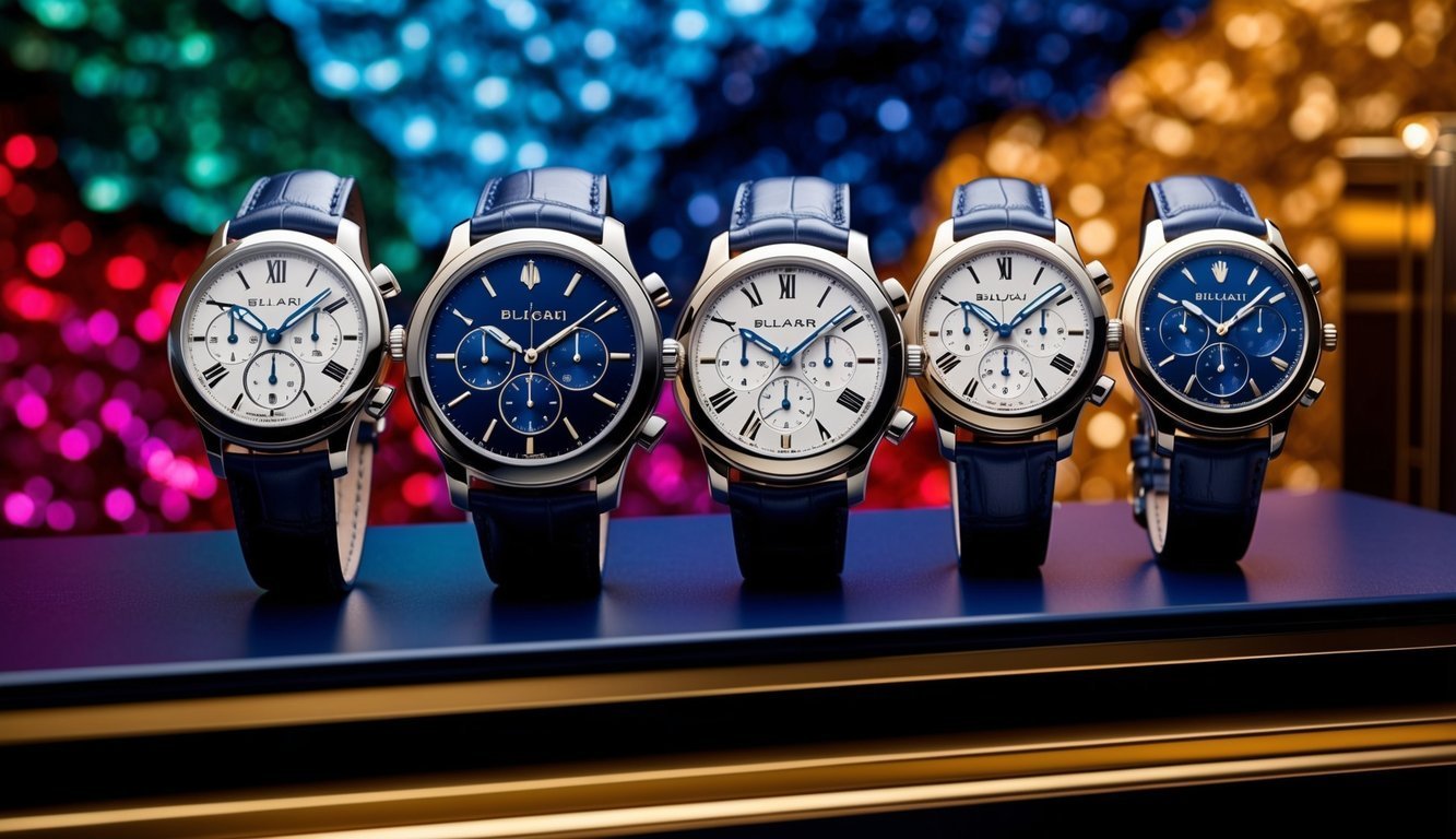 Five luxury watches with blue leather straps, displayed on a blue surface