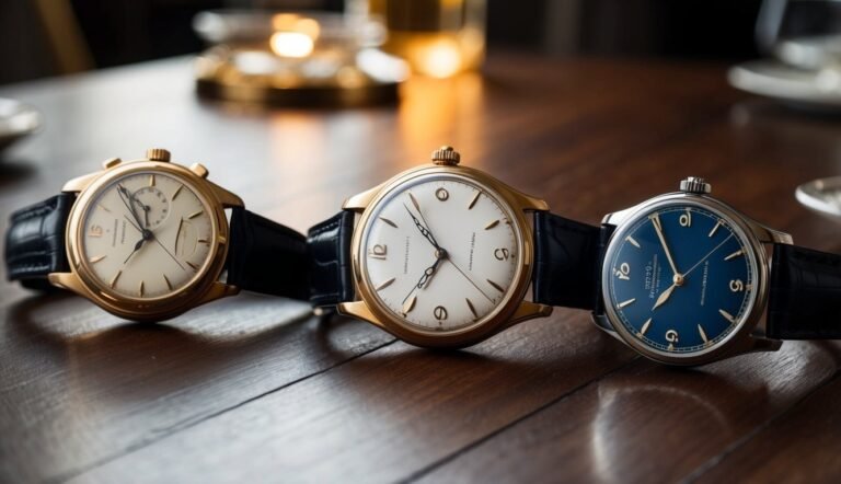 Three luxury wristwatches with leather straps displayed on a wooden surface