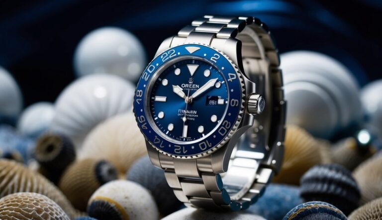 Close-up of a luxury Oreen wristwatch with blue face and bezel